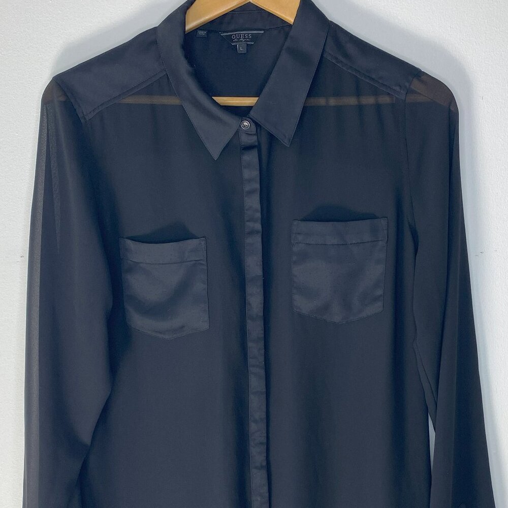 Guess - Long Sleeve, Sheer button down top, Flowy, Black -  Size L